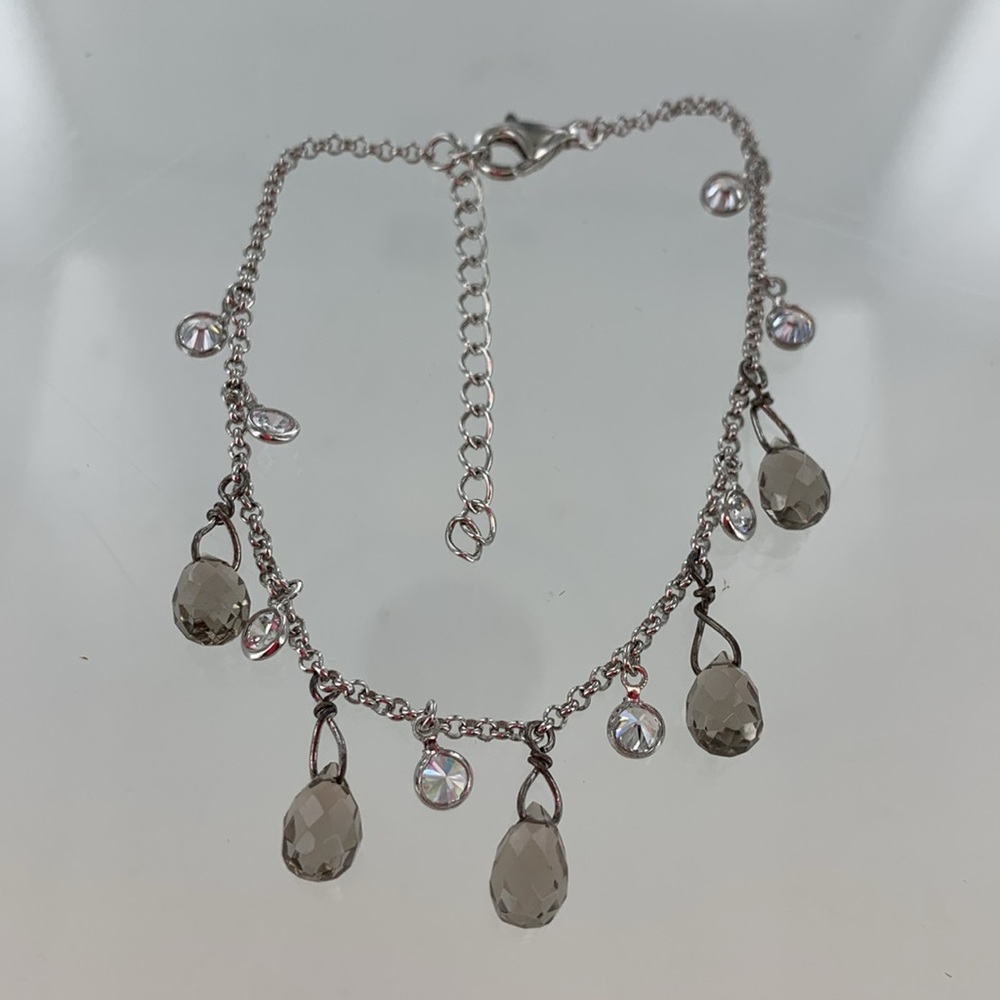 Sterling Silver Chain and CZ and Smoky Gray Briolette Bracelet